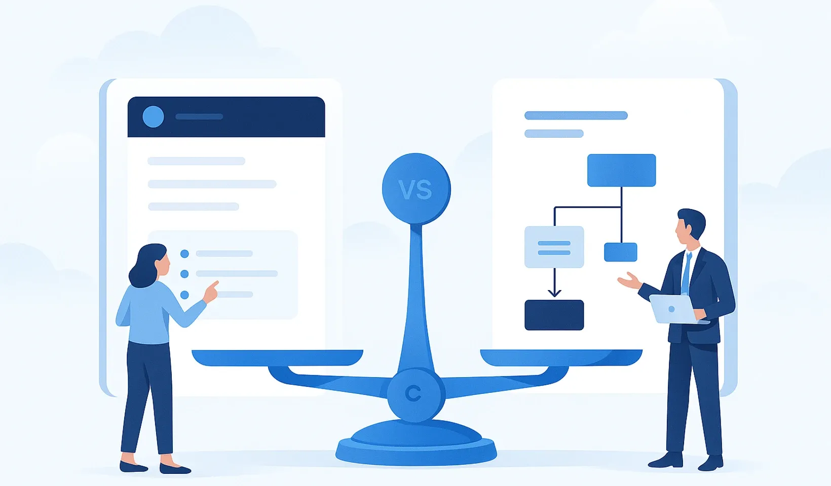 Two professionals compare business solutions on opposite sides of a balanced scale, with a "vs" symbol in the center and organizational charts displaying their respective approaches.