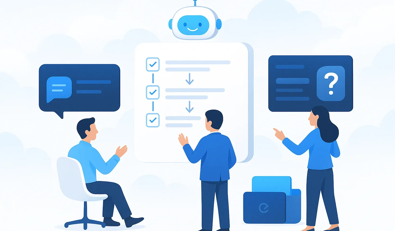 Chatbot és három személy kommunikációs és feladatkezelési felülettel interaktálnak, checklistával és kérdésjelöléssel.