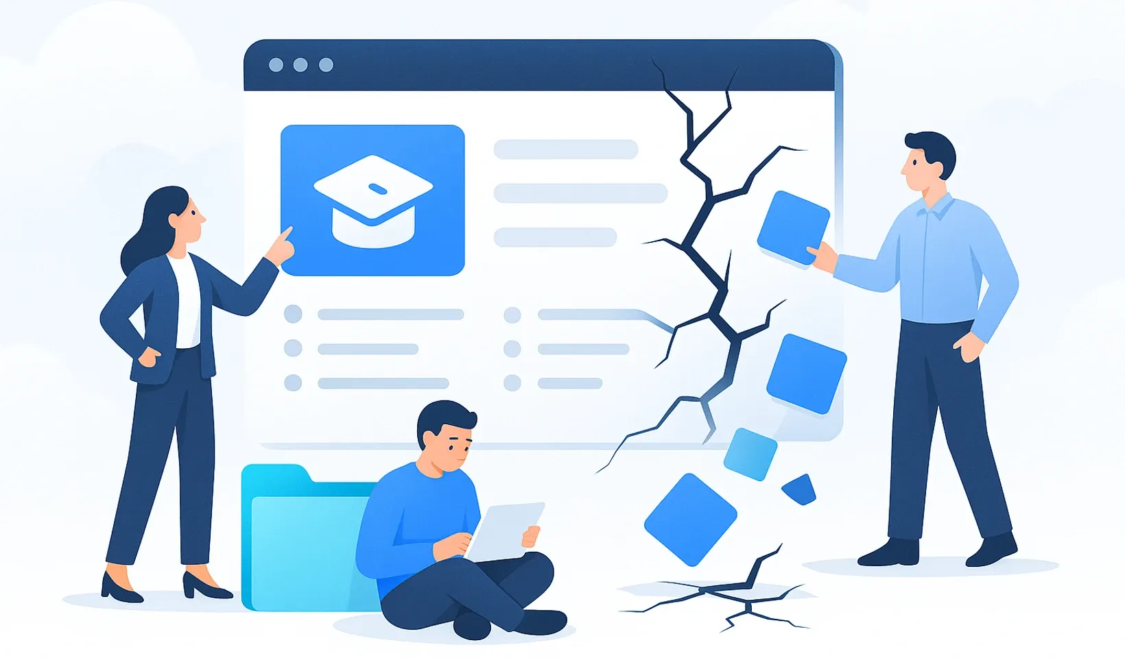 Three professionals collaborating on an online education platform with a graduation cap icon, branching network diagram, and blue interface elements displayed on a browser window.