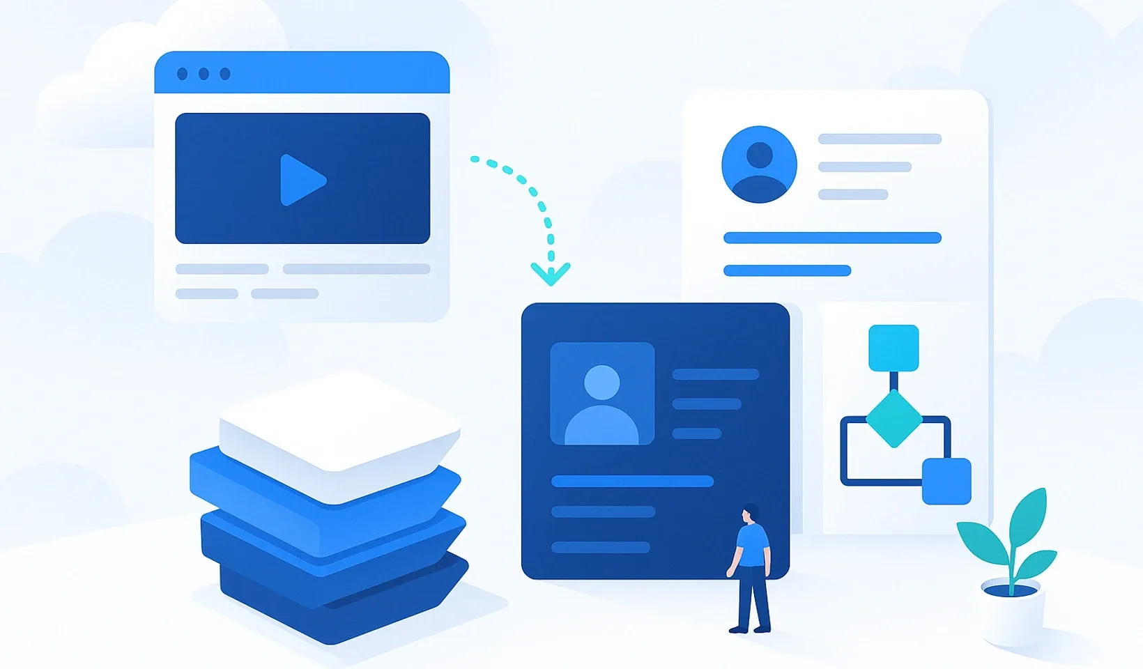 Digitális platform konzepciójának illusztrációja: videólejátszó, felhasználói profil, adatkezelés, dokumentumok és workflow-diagram ikon kék és türkiz színekben.